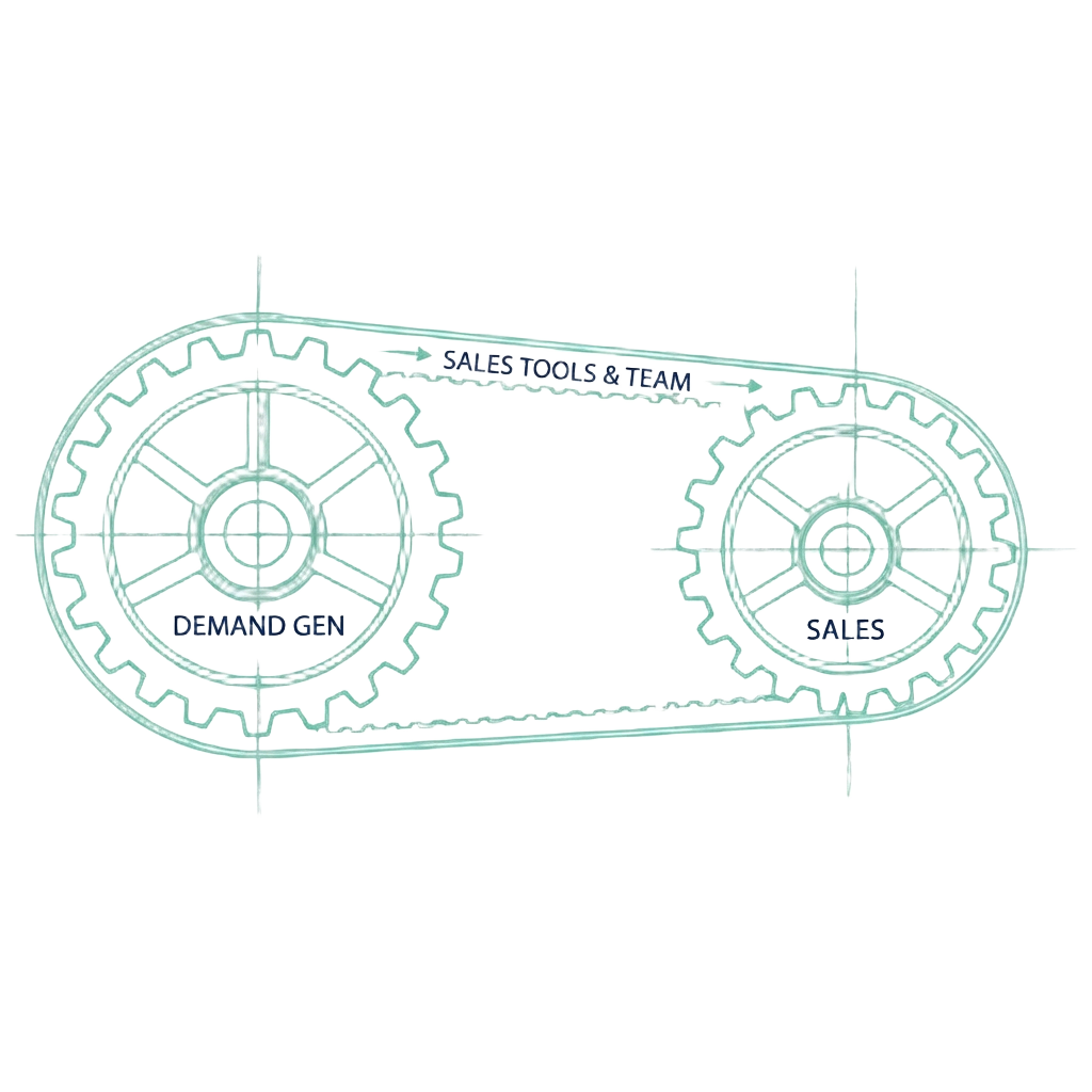 Blueprint illustration of interlocking gears representing the Rivet sales engine.